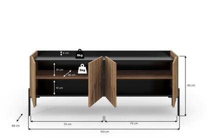 Lowboard mit Maßen, innenliegenden Fächern und Klappen, schwarze Oberseite, helle Holzfront