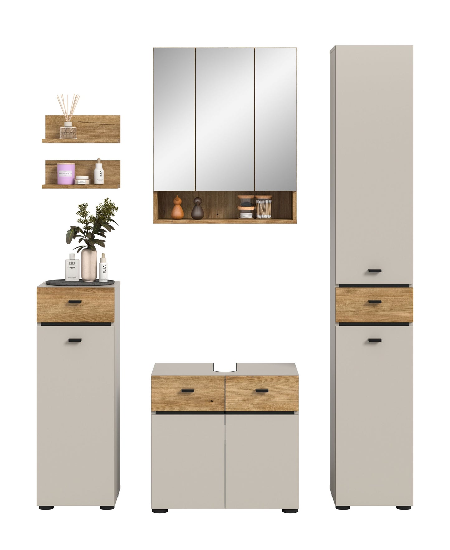Ensemble de salle de bain AQUA (L/H/P : env. 154/191/35 cm) en cachemire/cachemire