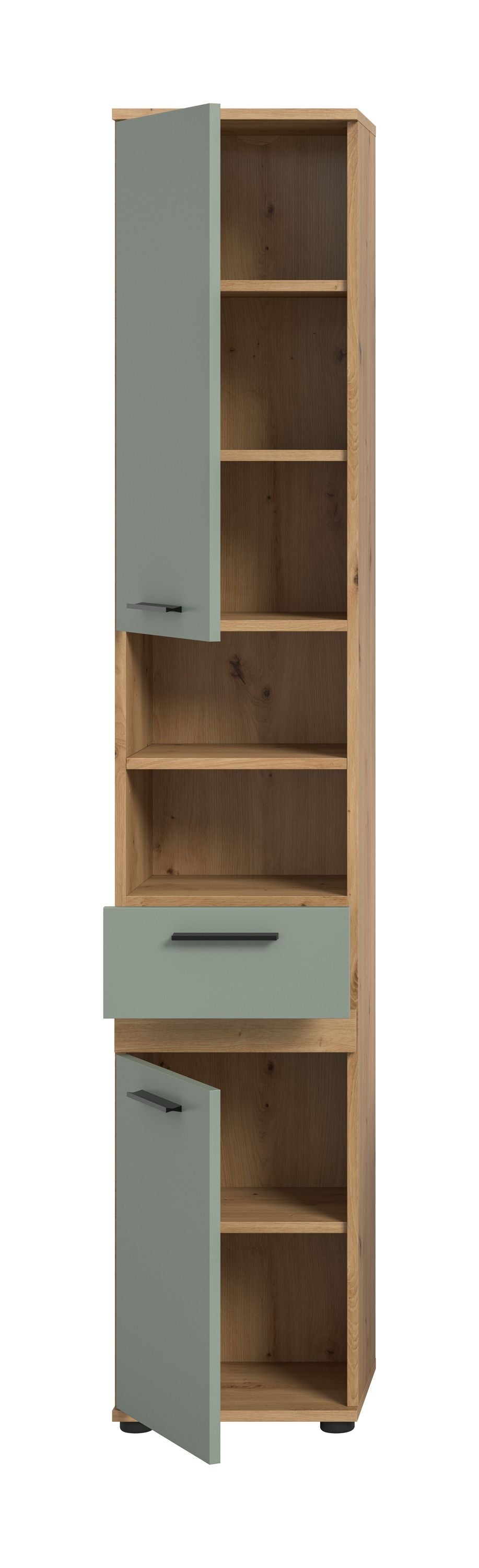 Badhochschrank mit offenen Regalfächern und Schubladen, hellgraue Front, Holzoptik