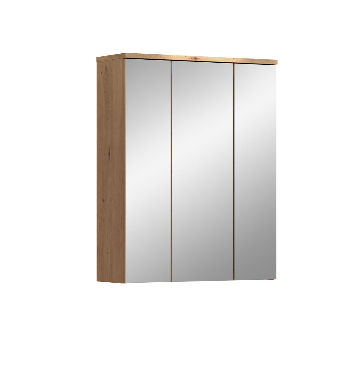 Badspiegelschrank mit Holzseiten und 3 Spiegeltüren, rechteckig, außen klarer Rahmen