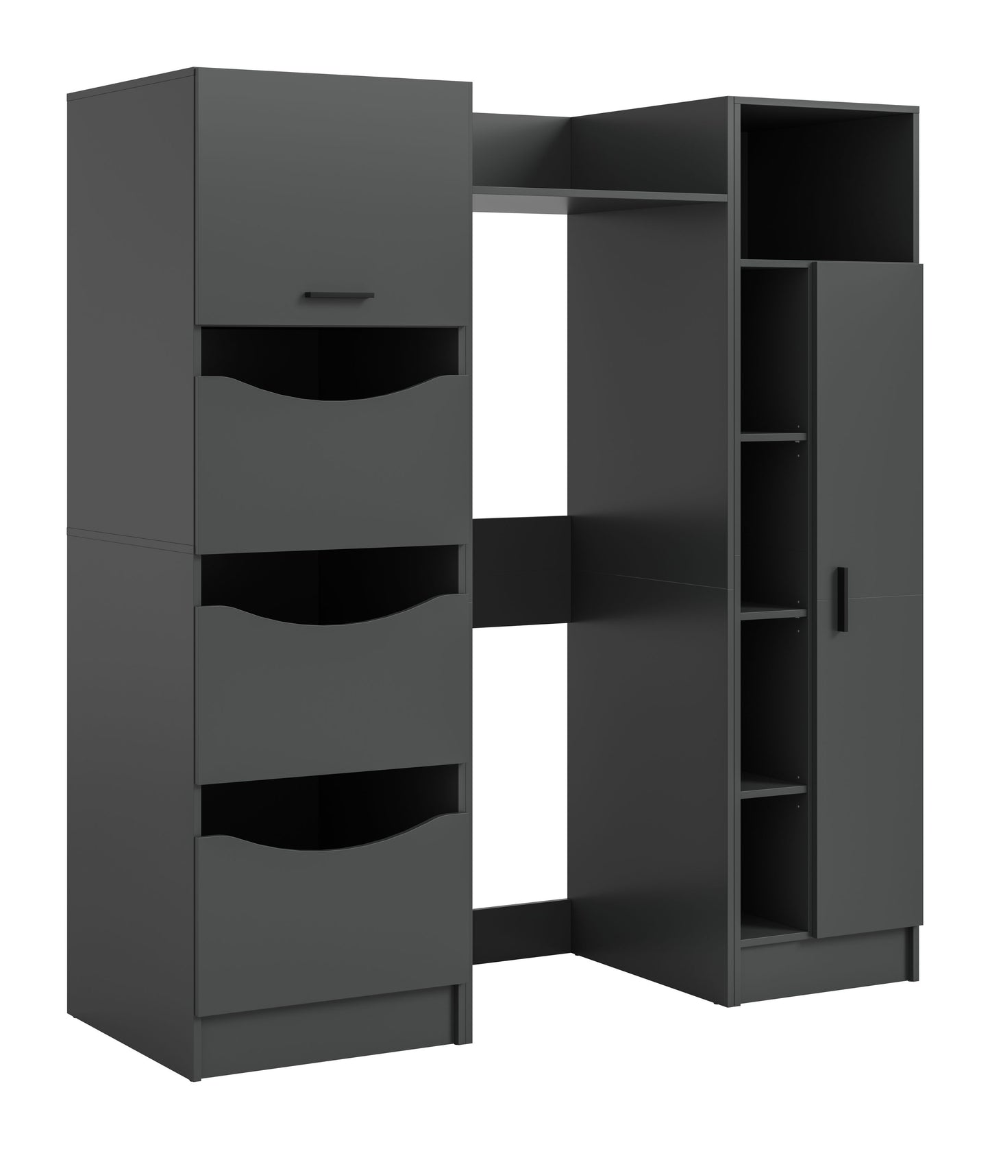 Waschmaschinenschrank-Set (3-teilig) in Anthrazit mit Schubladen und offenen Fächern, links geöffnet.