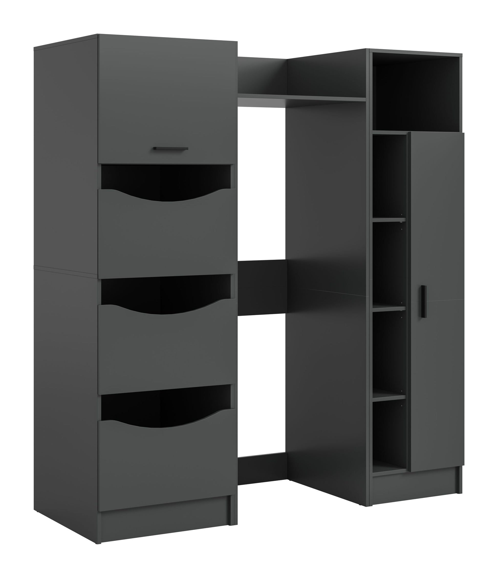 Waschmaschinenschrank-Set (3-teilig) in Anthrazit mit Schubladen und offenen Fächern, links geöffnet.