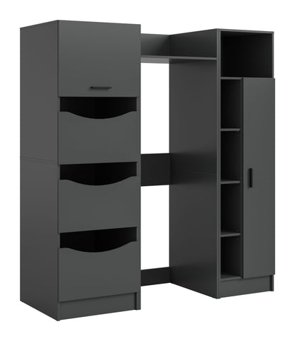 Waschmaschinenschrank-Set (3-teilig) in Anthrazit mit Schubladen und offenen Fächern, links geöffnet.