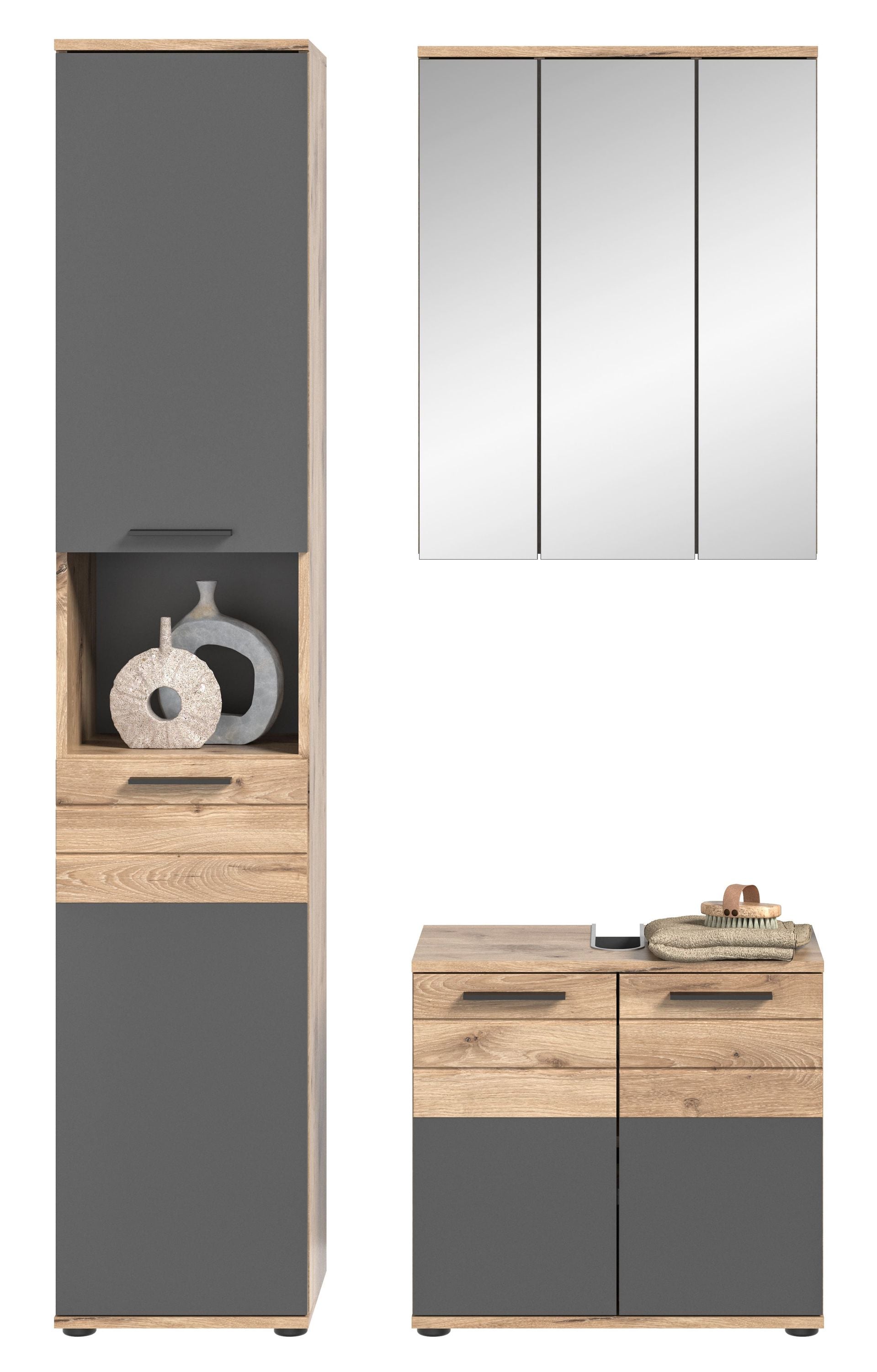 Homes & Jones Badezimmer-Set 3-teilig mit Hochschrank, Spiegelschrank und Waschtischunterschrank