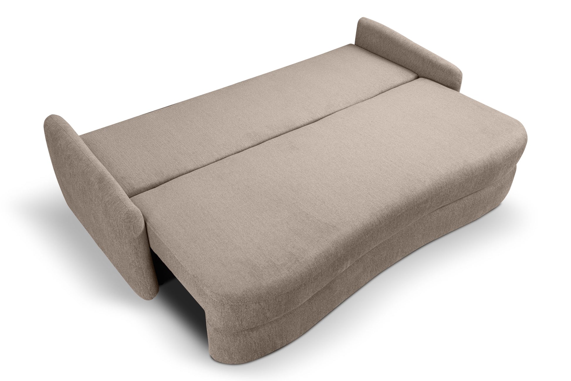 Schlafsofa ausgeklappt, beiger Stoff, flache Liegefläche mit seitlichen Griffen