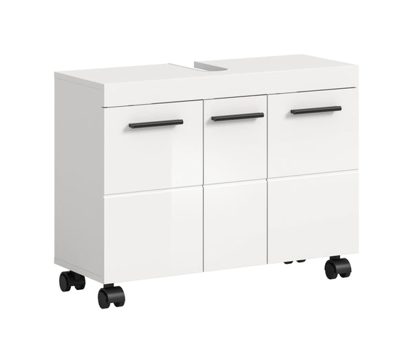 Meuble bas de lavabo sur roulettes NOVA (L/H/P : env. 80/58/30 cm) en blanc/blanc brillant