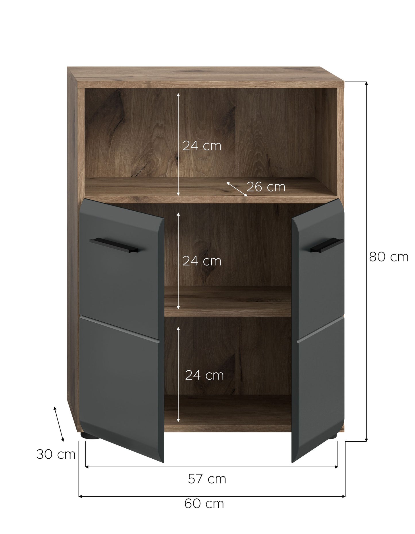 Badezimmerhochschrank mit Holzoberfläche und grauen Seitenteilen, 3 offene Fächer, 2 Türen