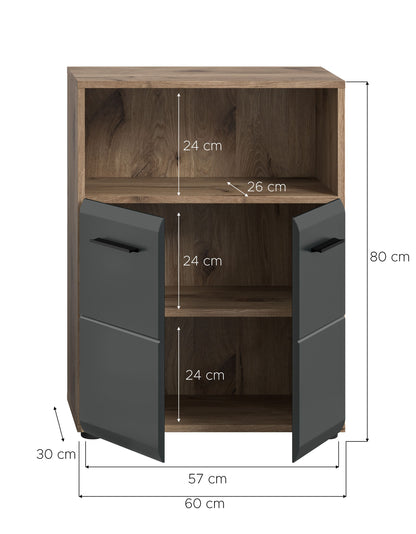 Badezimmerhochschrank mit Holzoberfläche und grauen Seitenteilen, 3 offene Fächer, 2 Türen