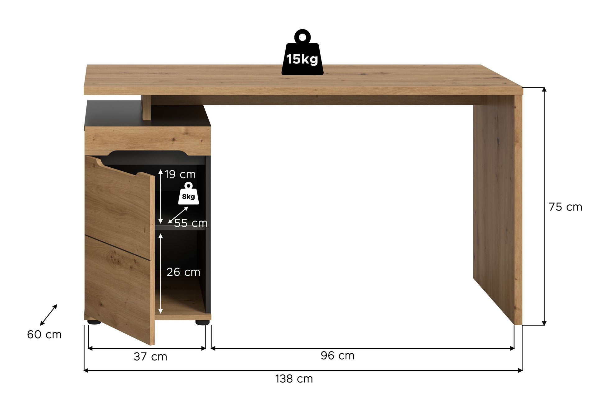 Schreibtisch in Holzoptik mit Seitencontainer, Schublade und geräumiger Tischplatte