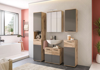 Badezimmerset mit Waschtisch und Schränken, Holz-Grau, komplett aufgebaut in heller Umgebung
