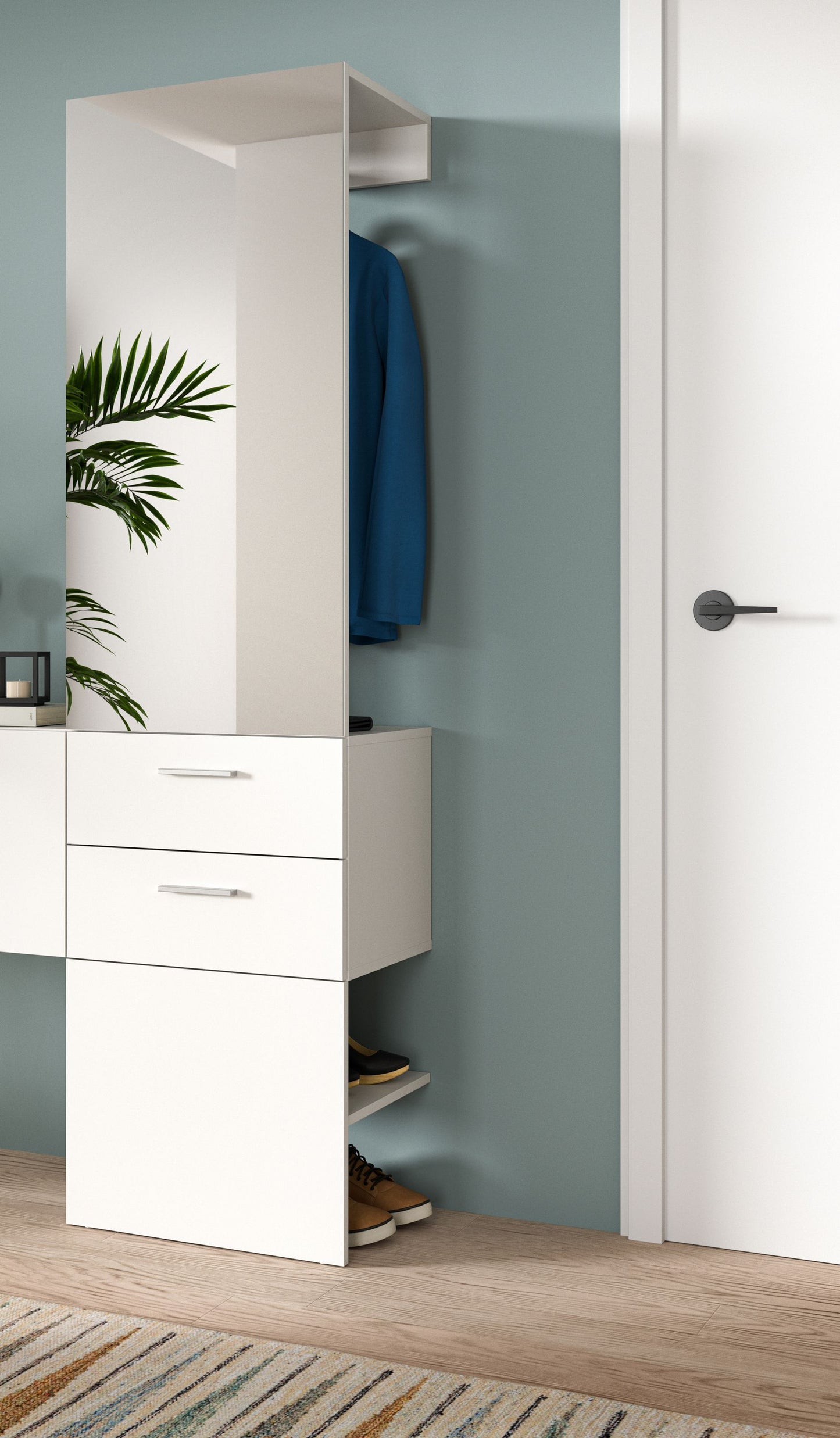 Kompaktgarderobe offen: Garderobenstange mit Mantel, Schuhfach und Schublade in Weiß