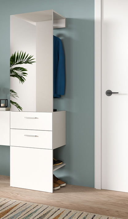Kompaktgarderobe offen: Garderobenstange mit Mantel, Schuhfach und Schublade in Weiß