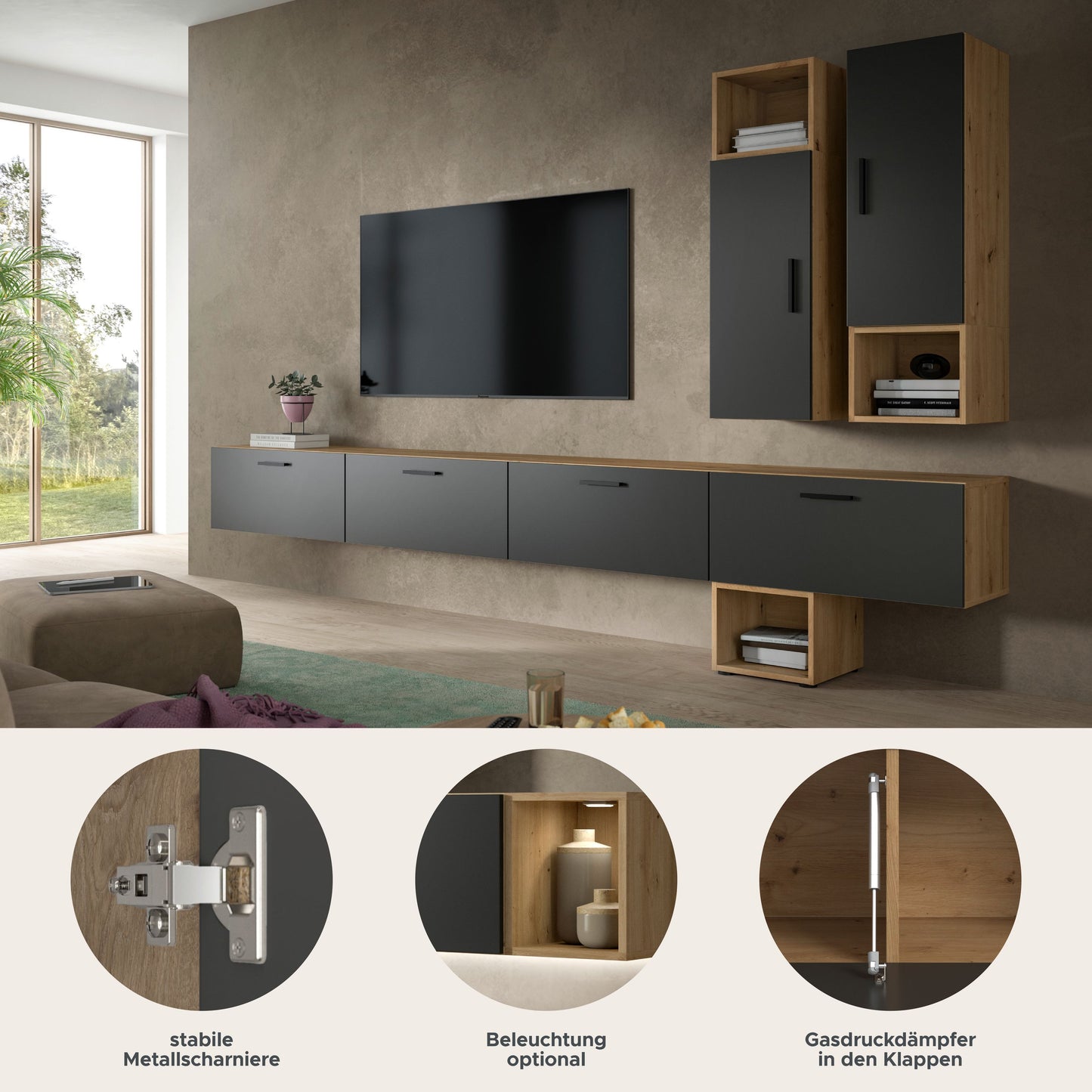 Meuble TV mural THE ONE (L/H/P : env. 300/178/34 cm) en imitation chêne Artisan/vert fumé