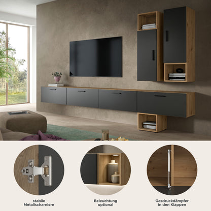 Meuble TV mural THE ONE (L/H/P : env. 300/178/34 cm) en imitation chêne Artisan/vert fumé