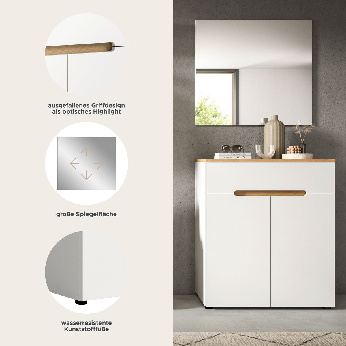 Flurmöbel-Garderobenset mit Spiegelschrank, weißem Korpus, Schublade und Türfach, Holzgriffen