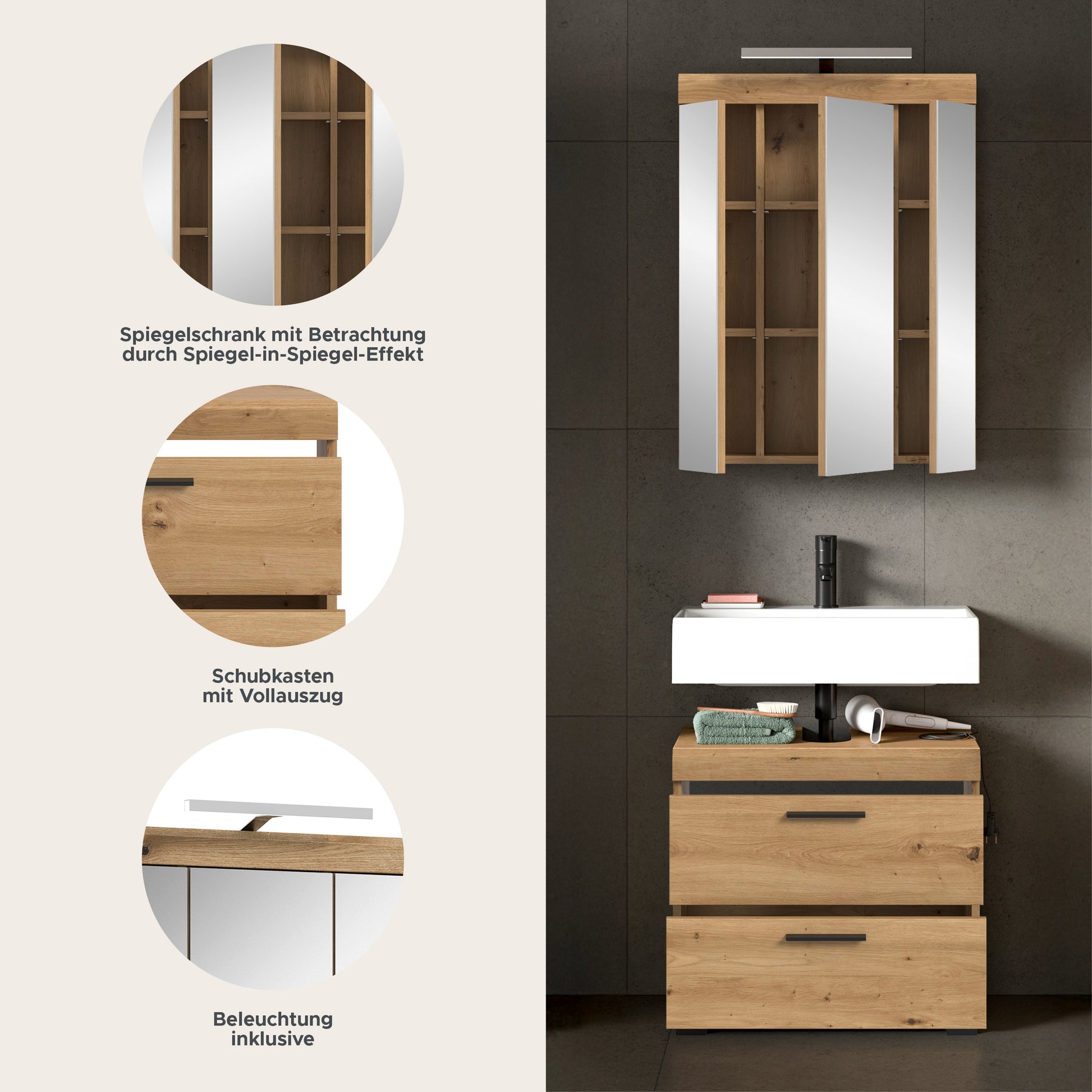 Badezimmerset mit Spiegelschrank und Unterschrank, Holzdekor, mit Schubladen und Beleuchtung