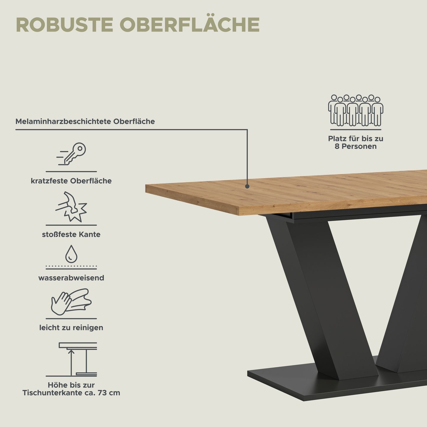 Esstisch mit X-Gestell, holzfarbene Platte und schwarzem Metallgestell