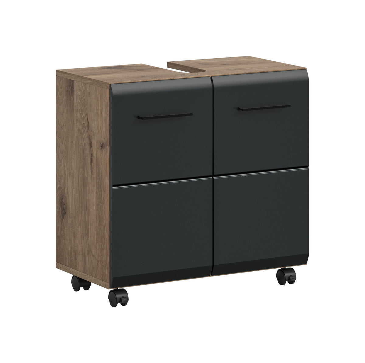 Rolling Washbasin Cabinet ICE (W/H/D: approx. 60/58/30 cm) in Nox Oak finish/matt black