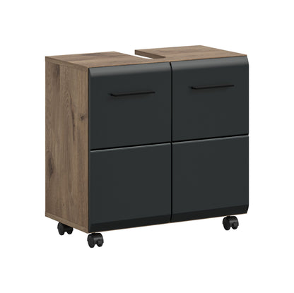 Rolling Washbasin Cabinet ICE (W/H/D: approx. 60/58/30 cm) in Nox Oak finish/matt black