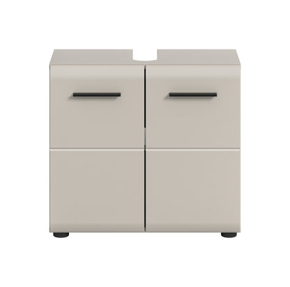 Waschbeckenunterschrank 60 cm, weißer Schrank mit zwei Türen und schwarzen Griffen