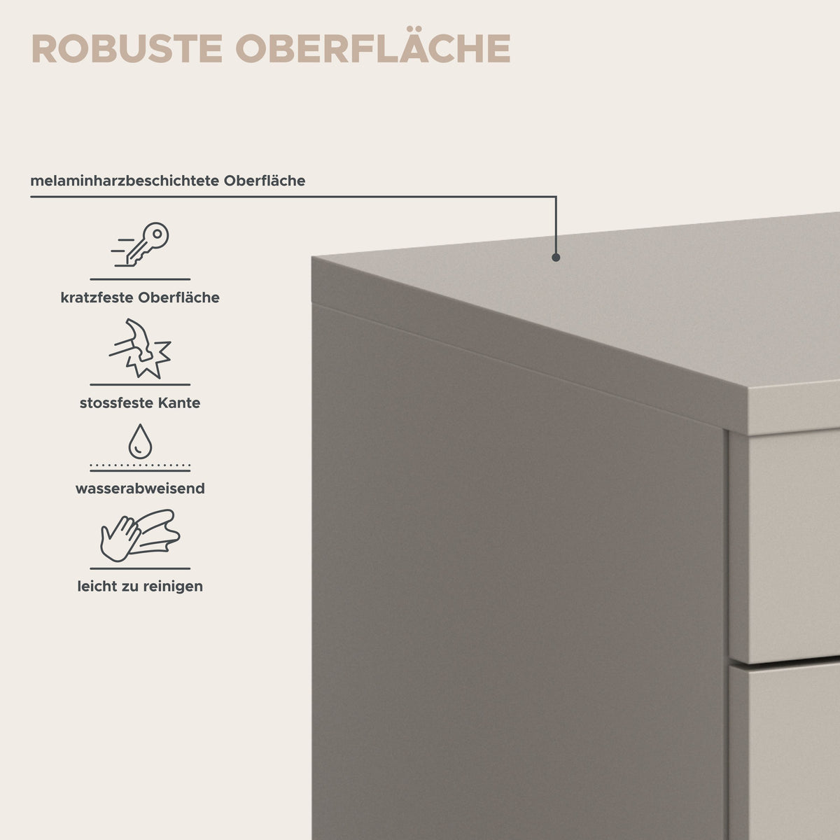 Garderoben-Sitzbank: robuste Oberfläche mit Holzdekorplatte und stoßfester Kante