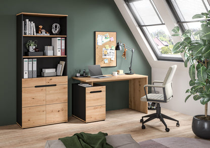 Schreibtisch-Set für Homeoffice: Holzoptik Schreibtisch mit schwarzer Schublade und Stauraum