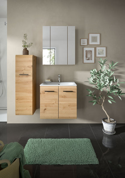 Badezimmerset 4-teilig mit Waschtisch, Spiegel und Hochschrank, naturholz
