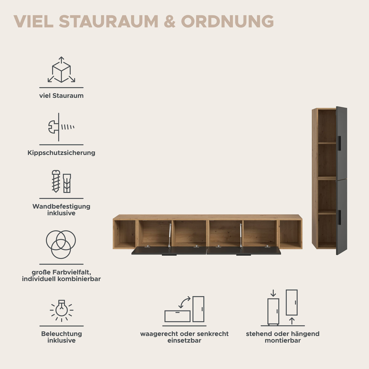 TV-Möbel-System mit Lowboard und hohem Schrank, Stau- und Kippschutz-Ansichten