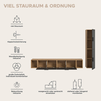 TV-Möbel-System mit Lowboard und hohem Schrank, Stau- und Kippschutz-Ansichten