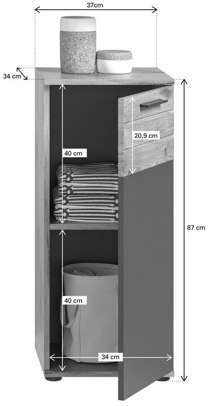 Hochschrank, Maßzeichnung mit Fachboden und grauer Front in Eiche-/Grauoptik