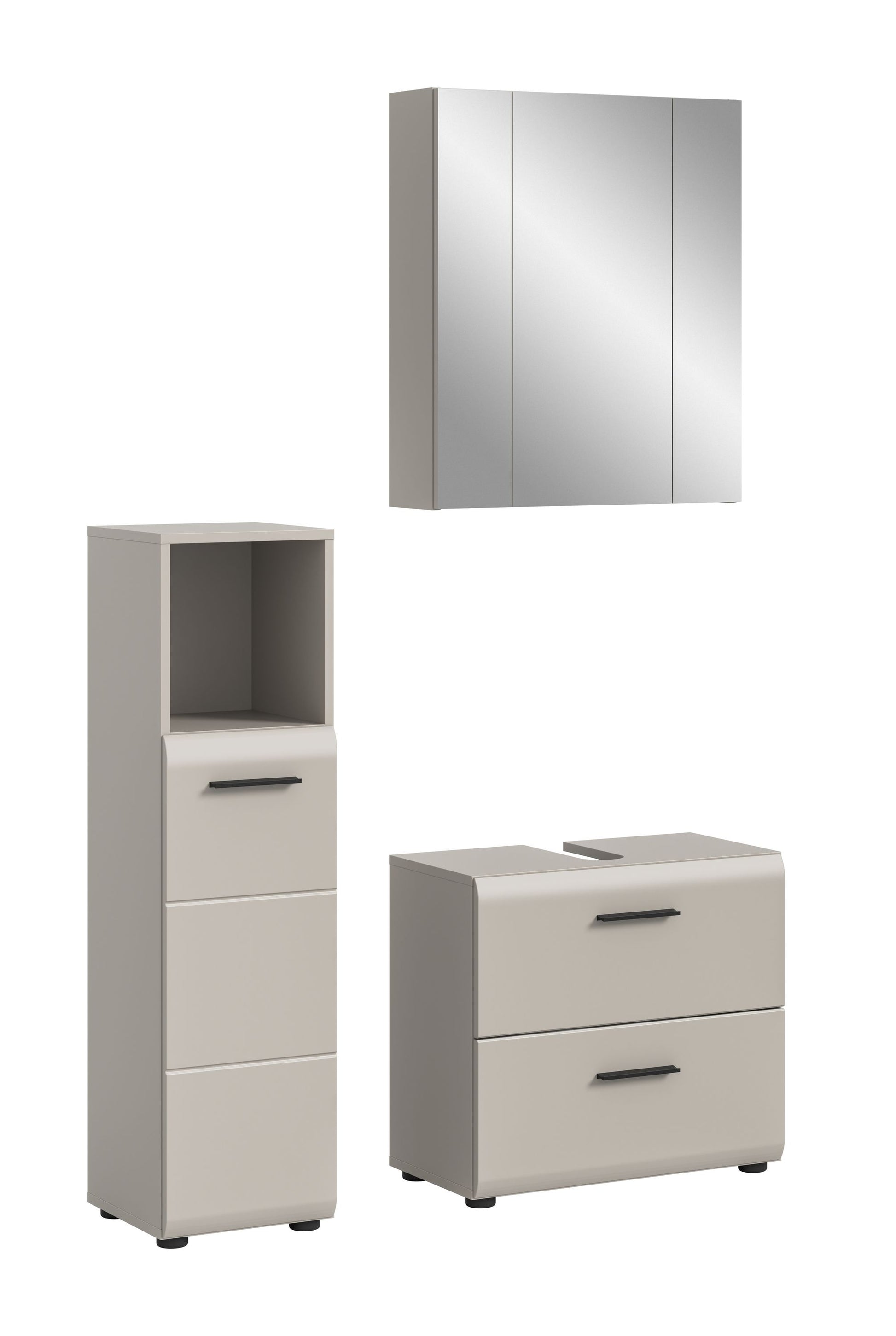 3-teiliges Badmöbel-Set in hellem Grau/Weiß mit Spiegel, Schrank und Kommode