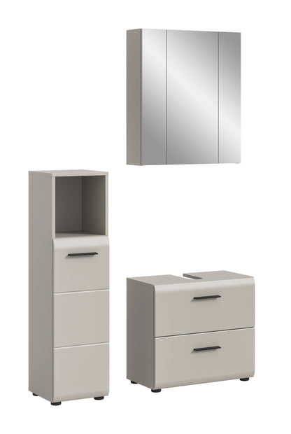 3-teiliges Badmöbel-Set in hellem Grau/Weiß mit Spiegel, Schrank und Kommode