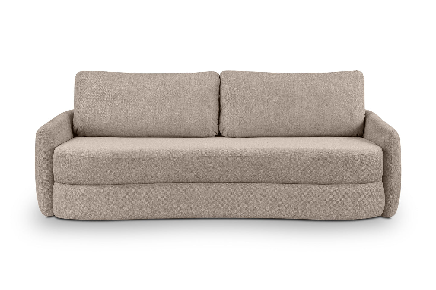 Schlafsofa Vorderansicht mit zwei Rückenkissen, beiger Stoffbezug