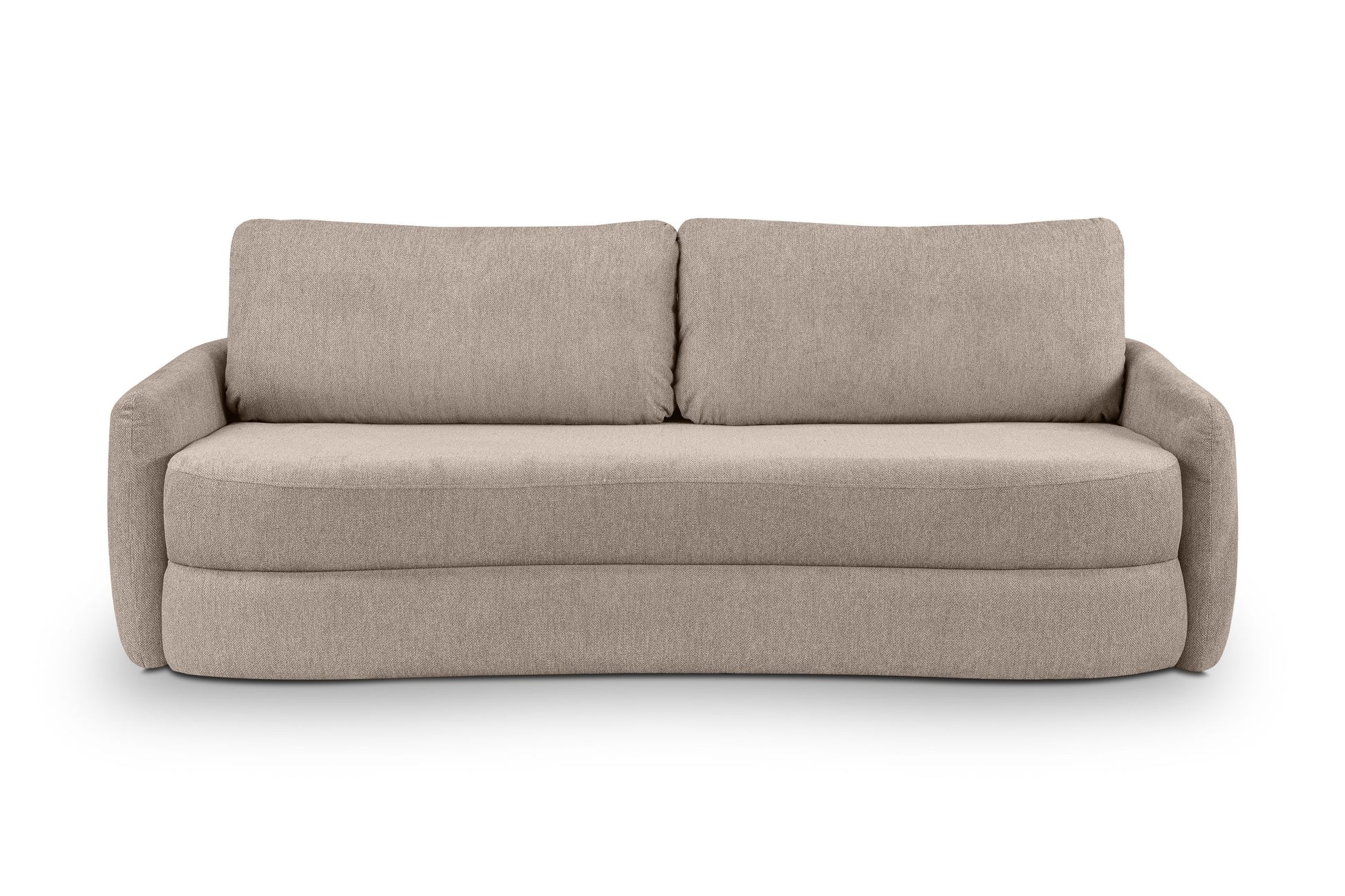 Schlafsofa Vorderansicht mit zwei Rückenkissen, beiger Stoffbezug