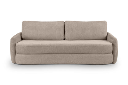 Schlafsofa Vorderansicht mit zwei Rückenkissen, beiger Stoffbezug