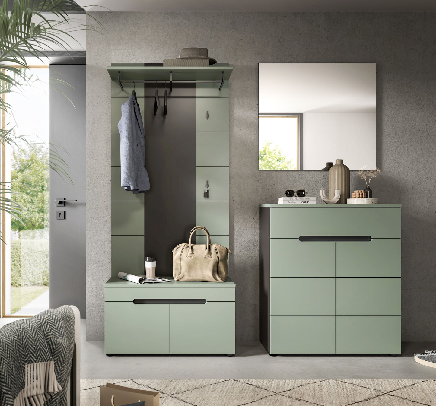Homes & Jones Garderobenset 4-tlg., 1x Paneel, Sitzbank, Kommode und Spiegel
