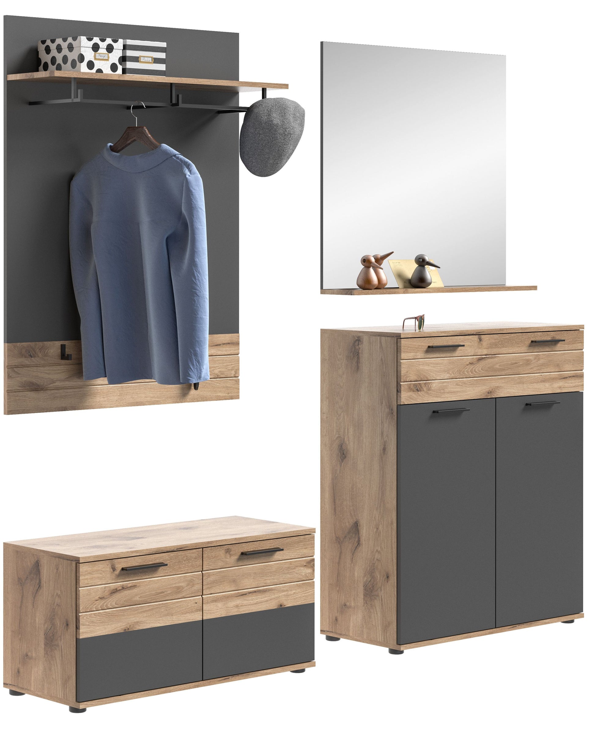 Flurmöbelset mit Schrank und Spiegel: Schrankfach mit Haken sowie Kommode mit Klappen