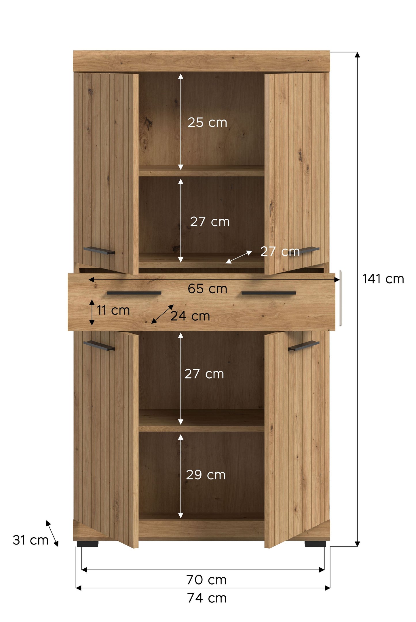 Badhochschrank in Holzoptik mit Maßangaben: Höhe 141 cm, Breite 74 cm