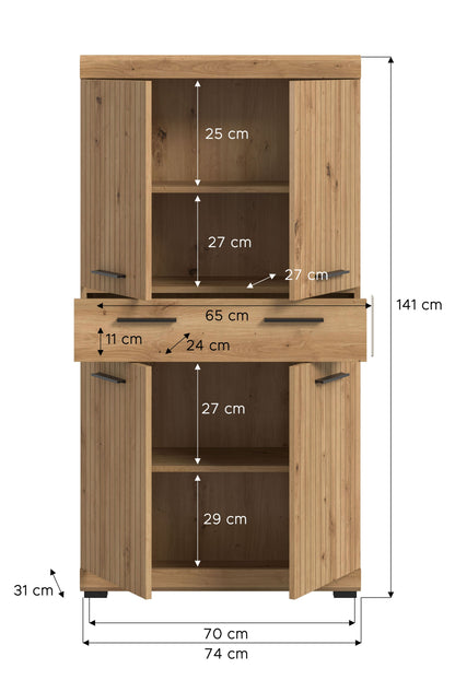 Badhochschrank in Holzoptik mit Maßangaben: Höhe 141 cm, Breite 74 cm