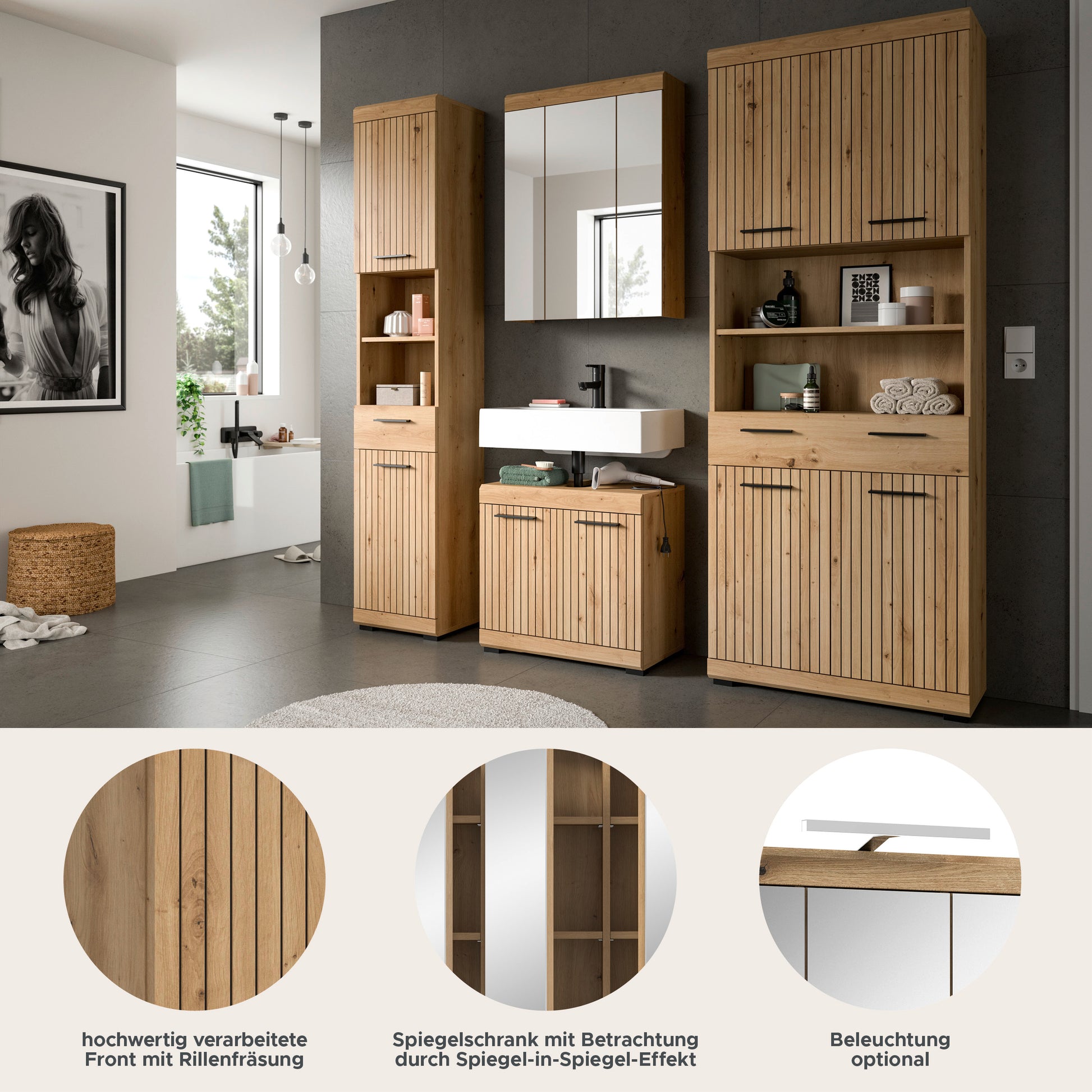 Badezimmerset Holzoptik 4-tlg. mit Spiegelschrank und Hochschrank, Detailansicht der Fronten