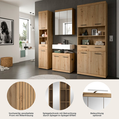 Badezimmerset Holzoptik 4-tlg. mit Spiegelschrank und Hochschrank, Detailansicht der Fronten