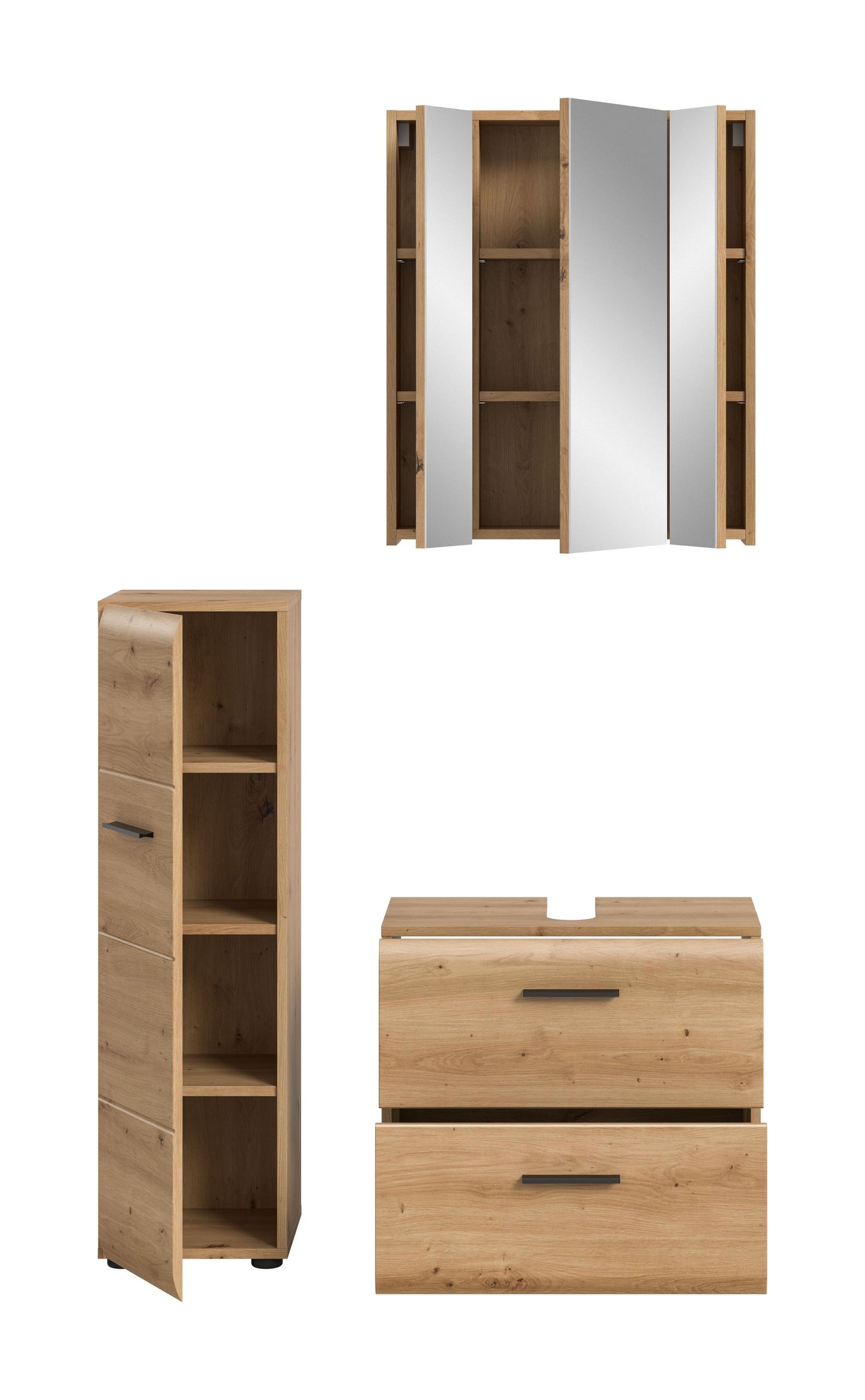 Badmöbel-Set aus hellem Holz: offener Spiegel, Hochschrank und Waschkommode