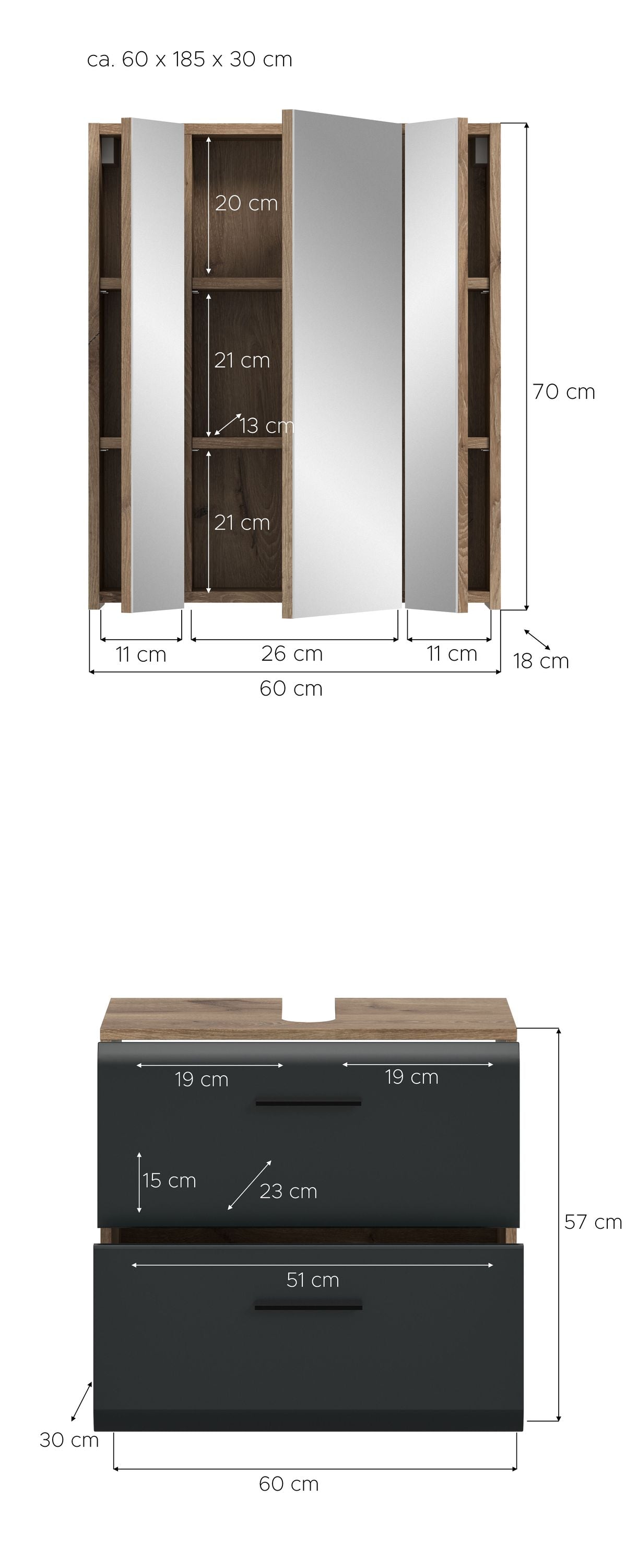 Homes & Jones Badmöbelset 2-tlg., Schrank 60 cm rollbar, Badspiegelschrank 3-trg