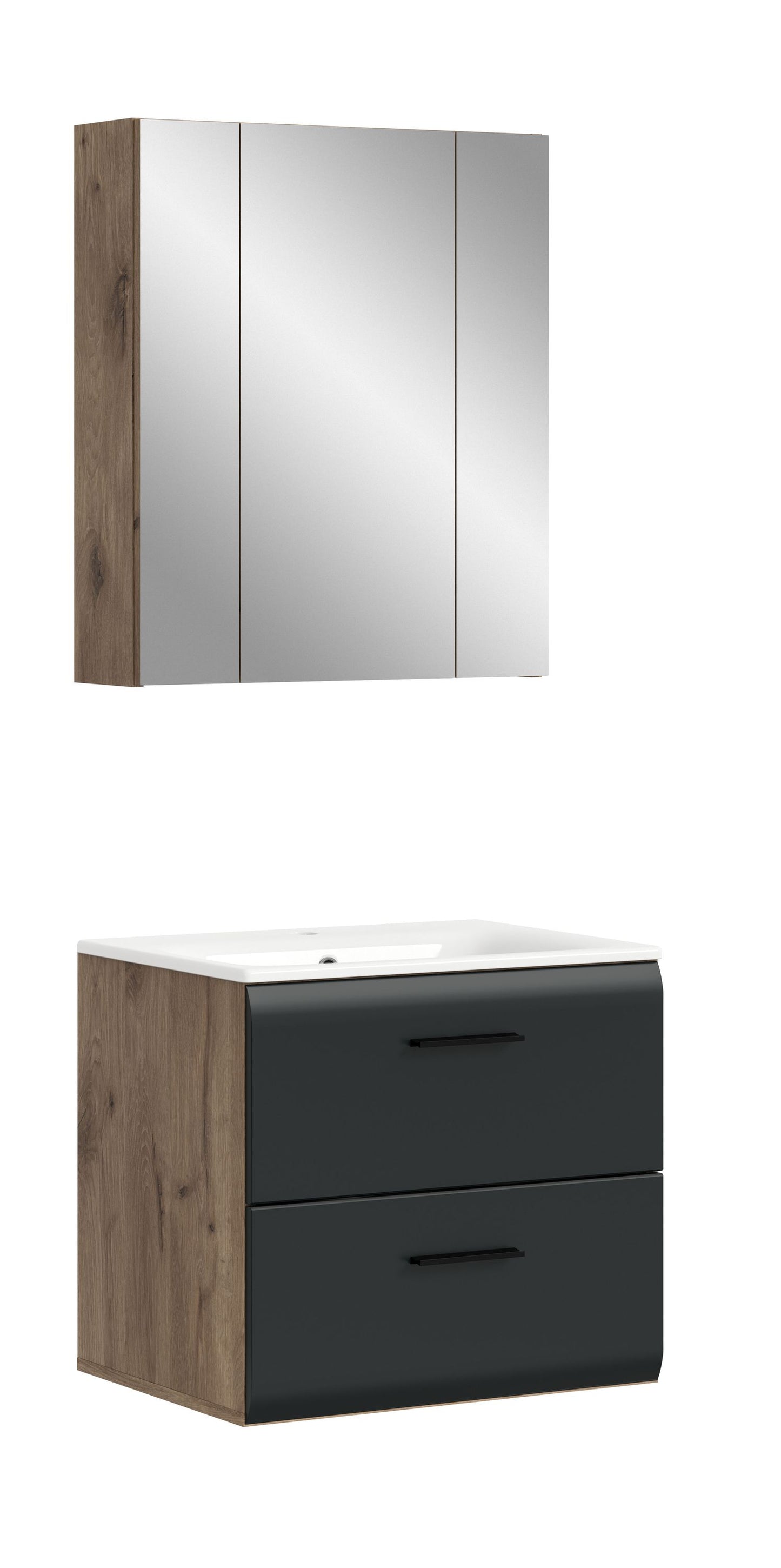 3-teiliges Badmöbel-Set mit Spiegelschrank und grauem Waschtischunterschrank