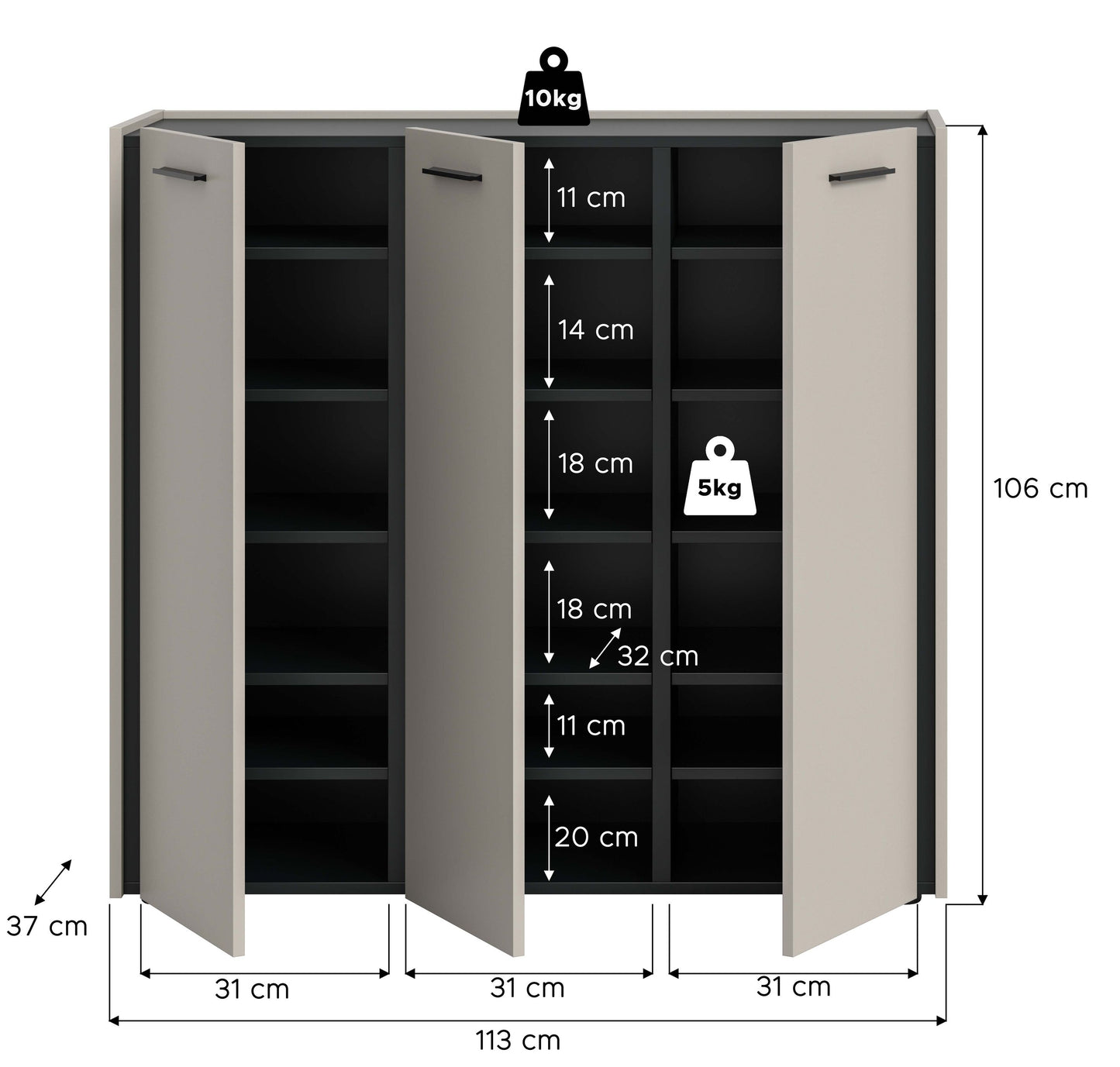 Schuhkommode-Garderobenschrank kaschmirfarben, offene Türen, Maßangaben 113 cm Breite