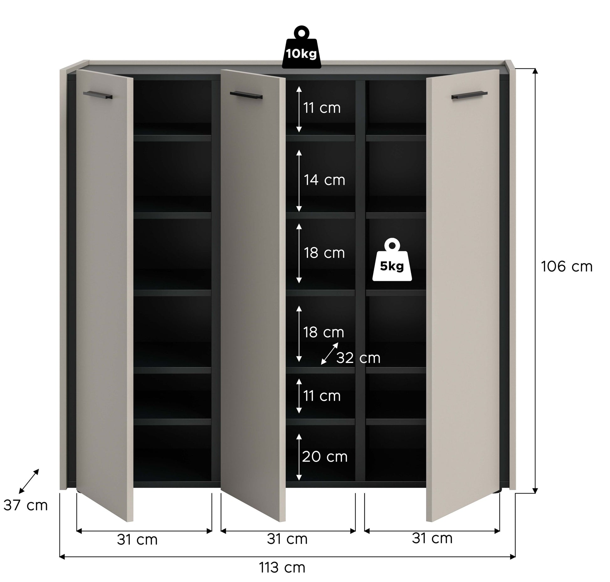 Schuhkommode-Garderobenschrank kaschmirfarben, offene Türen, Maßangaben 113 cm Breite