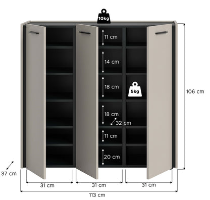 Schuhkommode-Garderobenschrank kaschmirfarben, offene Türen, Maßangaben 113 cm Breite