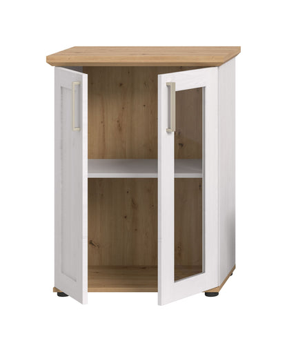 Schrankvitrine im Landhausstil, weiß mit Holzoptik innen, zwei Türen, Griffleisten
