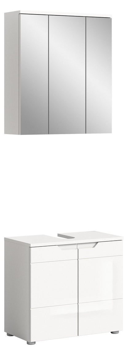Badspiegelschrank mit hochglänzenden weißen Fronten und breiten Drehtüren