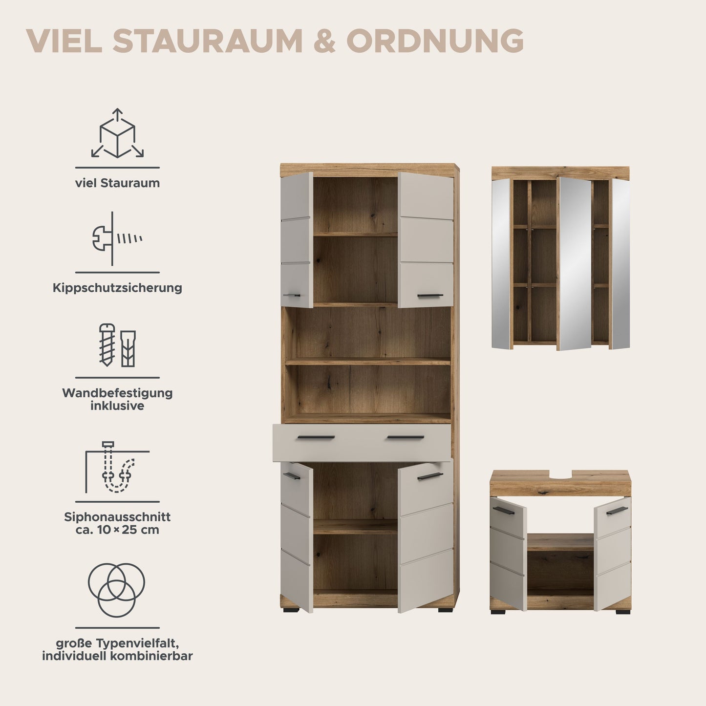 Badezimmerschrank mit Spiegeltüren und Stauraum, Korpus weiß und Holzdekor